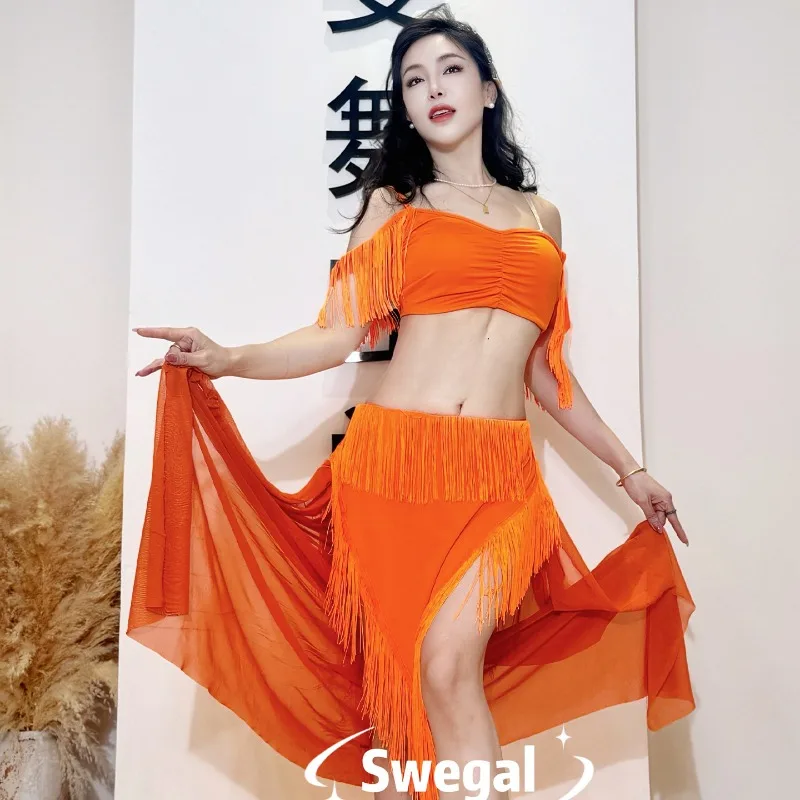 

Customized Latin Belly Dance Orange Tassel Mesh Long Dress Set Inspirational Tassel Skirt Eastern Dance Fusion Master Style