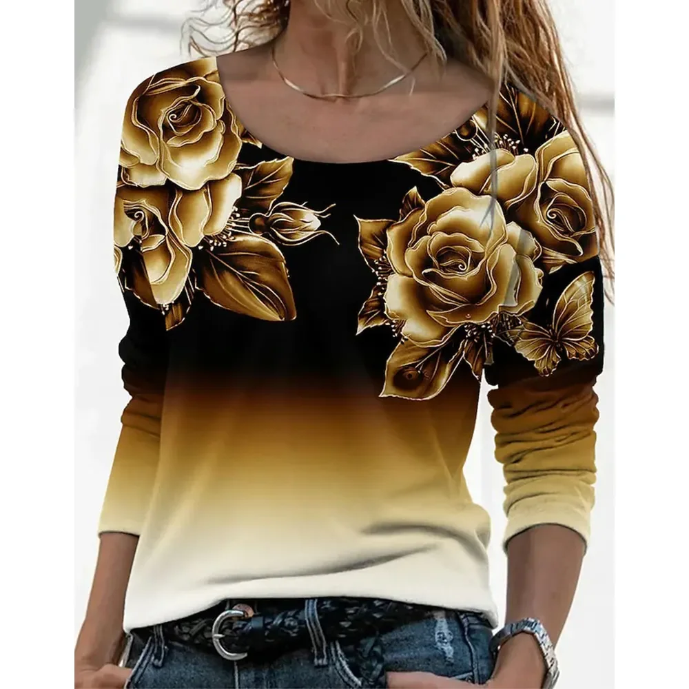 بلوزة نسائية بأكمام طويلة ورقبة دائرية متدرجة وطبعة زهور، بلوفر كاجوال فضفاض مناسب للارتداء اليومي وملابس نادي العطلات والعطلات #4