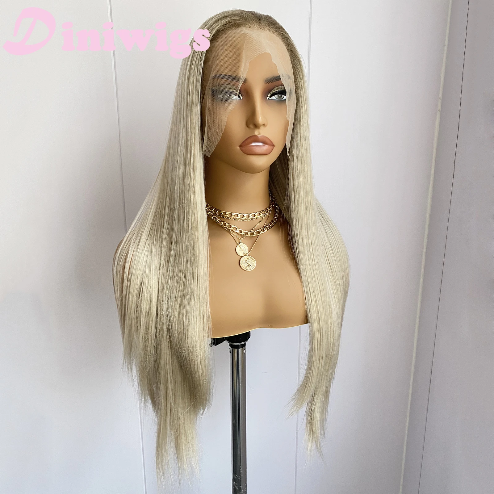 Diniwigs أومبير شقراء الدانتيل شعر مستعار أمامي 13X4 الاصطناعية طويلة شعر مستعار مستقيم جذور البني الباروكات الملونة للنساء يوميا مقاومة للحرارة #3