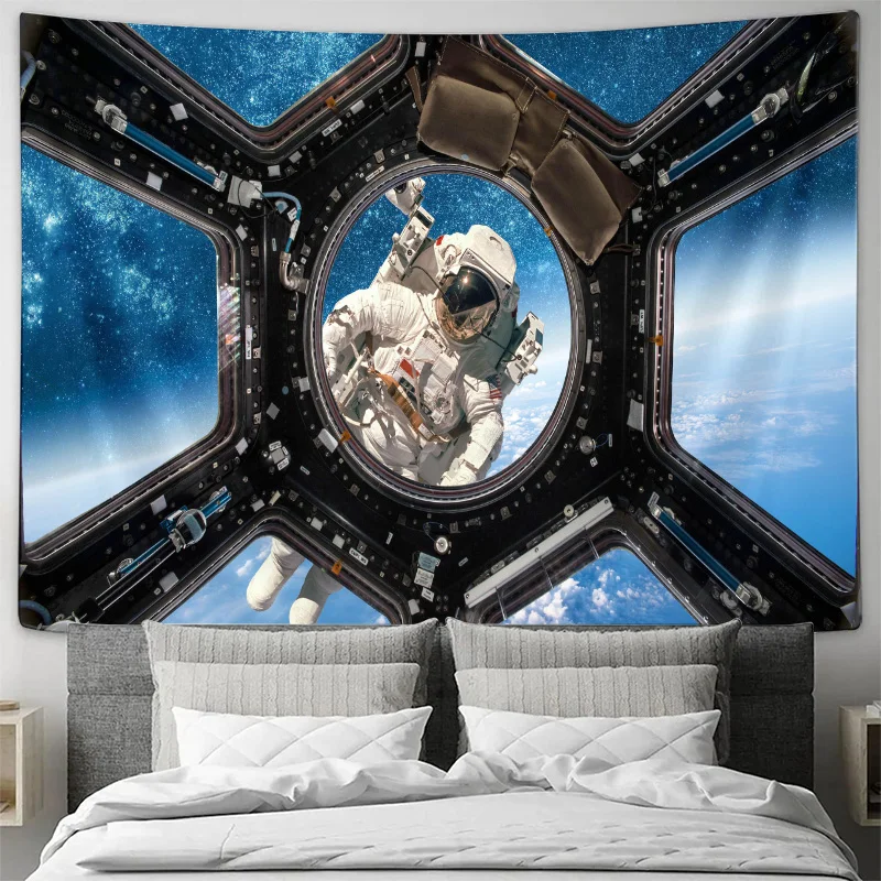 Astronaut Space Station Outer Space View Wall Tapestry Machine Washable All Season Decor Art Print Cosmic Design Home non-toxic