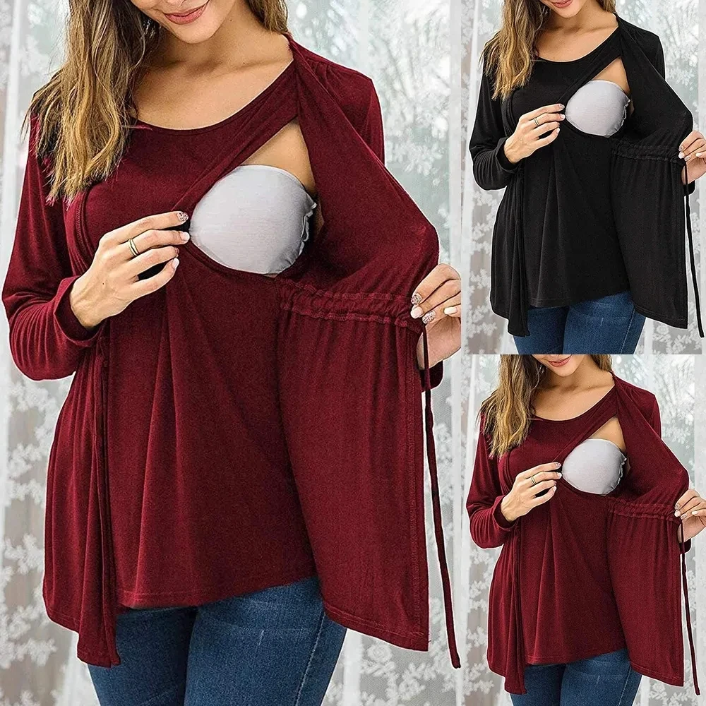 Women Maternity Clothes Long Sleeve Double Layer Nursing Tops T-shirt Breastfeeding Pregnancy Clothes Gestante Roupas