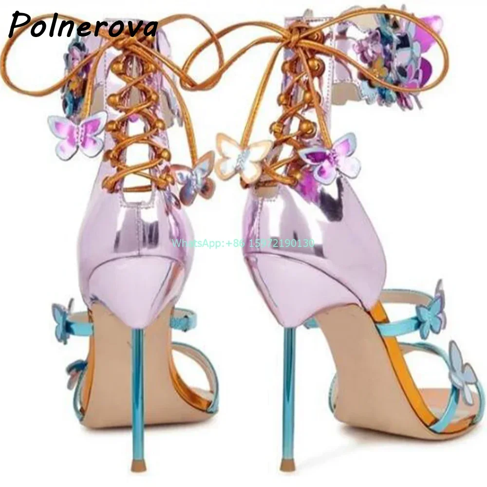 Cross Tied Butterfly Sandals Mixed Color Thin Heels Pointy Toe Ankle Band Fringe Shoes Ladies Sexy Niche Runway Stiletto Shoes