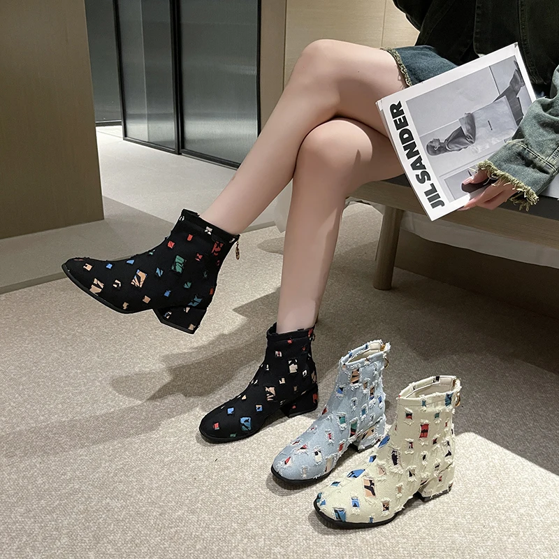 Women Ankle Boots Denim Blue High Heels Shoes Autumn 2026 Trend Designer Chelsea Boots Chunky Pumps Walking Dress Zapatos Mujer