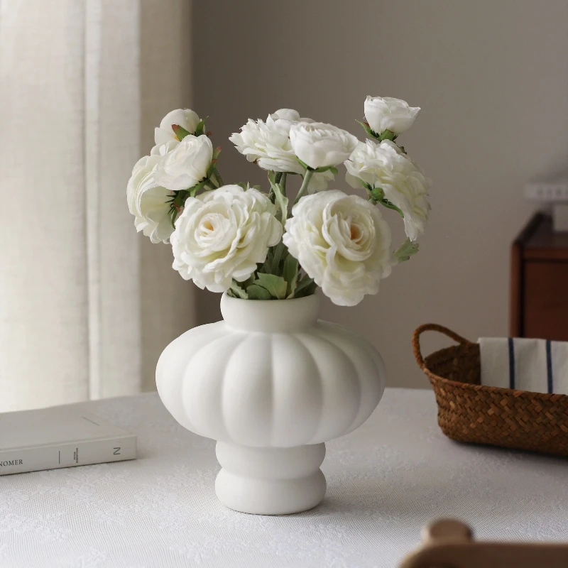 Nordic lantern shaped ceramic vase, white cream style decorative ornament, living room, dining room, office desk vase decoration