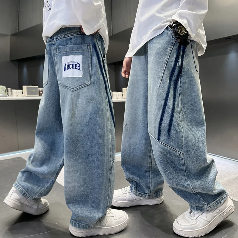 Boys Wide-Leg Jeans Split along Line Autumn Straight Pants with Back Pocket for Ages 5-15