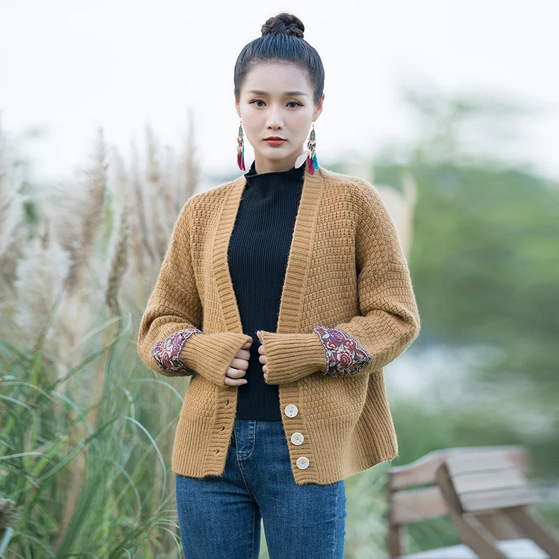 

Autumn Winter Loose Knitted Top Women's Casual Loose Sve Mouth Embroidery Pure Color Retro Sle Versatile Sweater