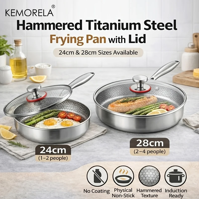 24/28cm Frying Pan Non-stick Wok With Lid Titanium Stainless Steel Egg Steak Skillet Induction Cooker Gas Stove Kitchen Cookware