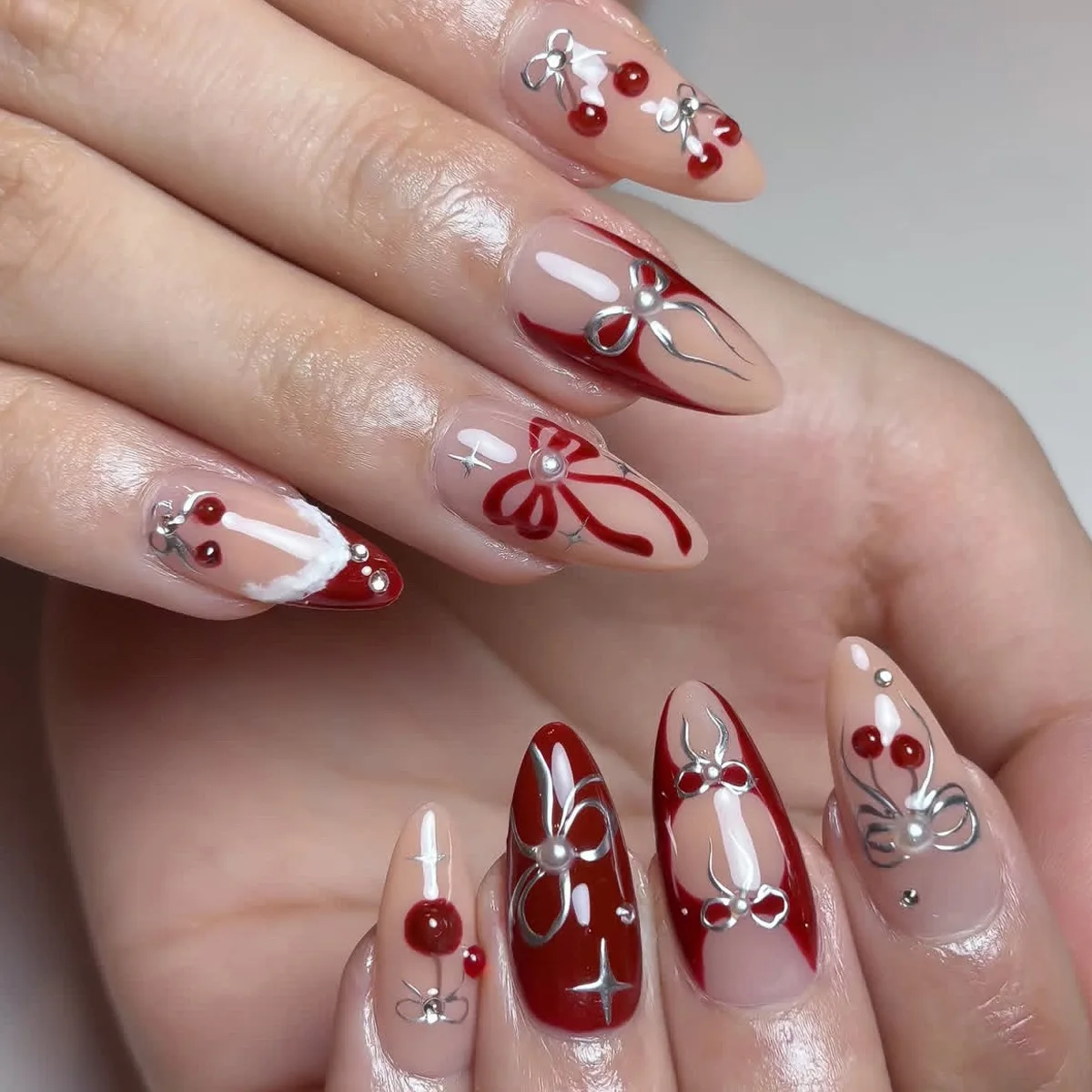 

24pcs fake nail art, wearing almond shaped red heart-shaped French border 3D three-dimensional cherry sweet bow detachable fake nail, anniversary gift, perfect gift for women, birthday gift, holiday gift