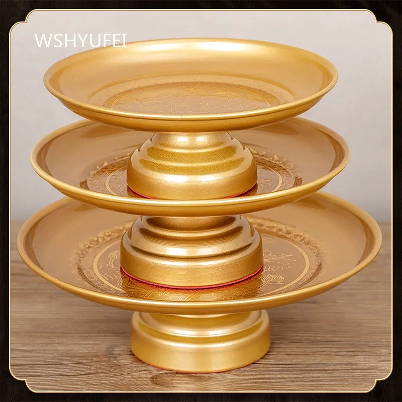 Golden Offering Fruit Plate Attracting Wealth with High Feet Buddha Hall Tribute Plate Religious Supplies Desktop Tray