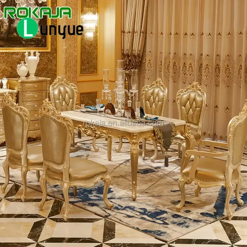 European Classic Luxury Gold Rectangular Marble Top Engraved Solid Wood Dining Table and Chair Set for 6-8 People Home Dining