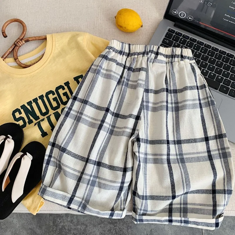 Boys' pants 2026 summer new Korean version children's thin plaid cropped versatile boys' casual pants