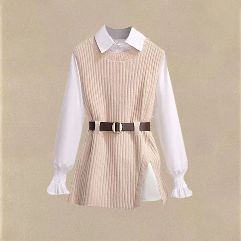 Autumn Winter Round Neck Casual Fashion Knitted Slit Vest Elegant White Shirt Set Ladies Belt All-match Sweater Tank Top Blouse