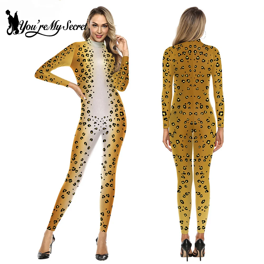 Halloween Cosplay Costume For Women Animal Leopard Printed Elastic Bodysuit Rompers Party Zentai Spandex Jumpsuits