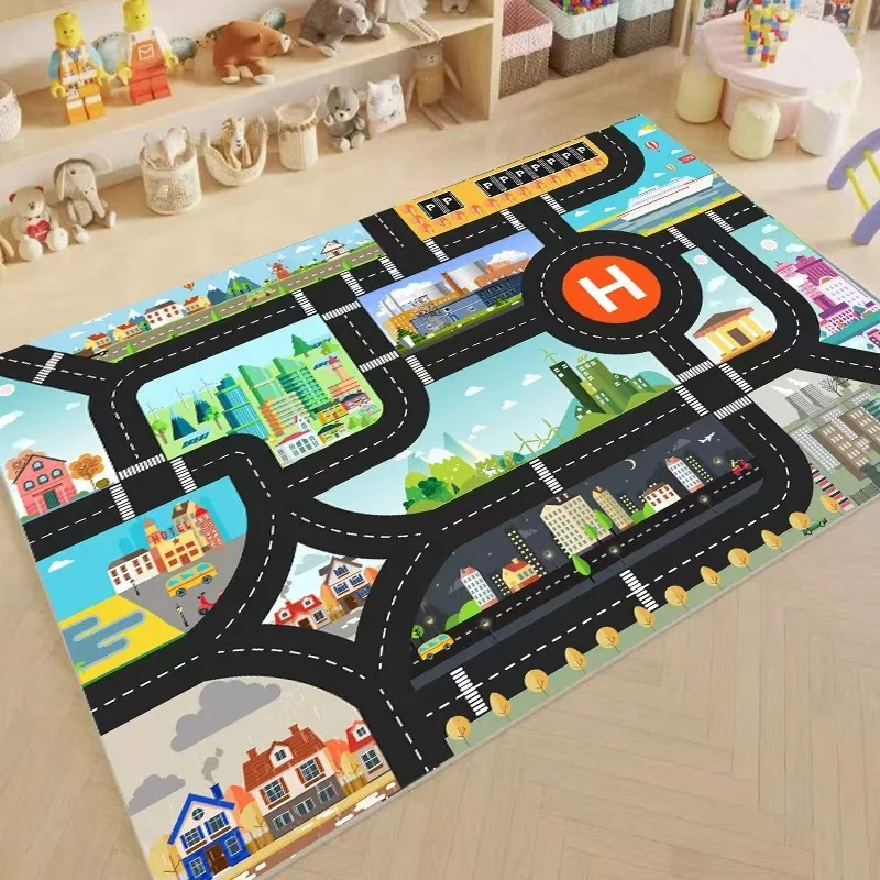 Children's Racing Track Car Road Traffic Signs Carpet Mat Anti Slip Soft Carpet Decoration Interactive Game Home Decoration