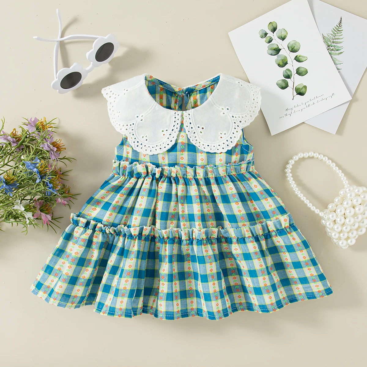 

Летнее платье для девочек 0-2 лет, кружевное платье с воротником-куклой, синее клетчатое хлопковое платье без рукавов, платье для дня рождения для девочек