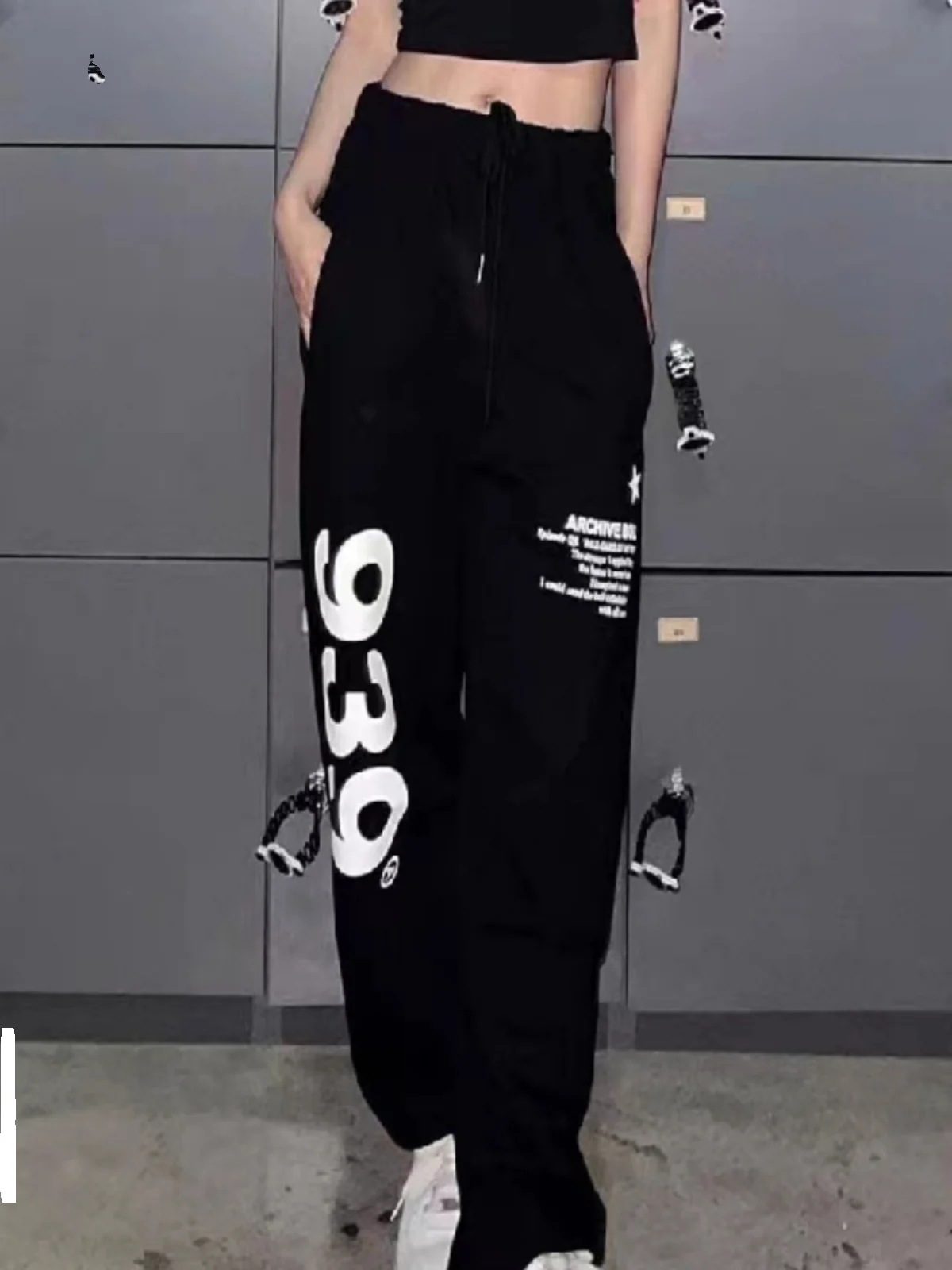 High-Waist Drawstring Jazz Street Dance Sports Pants Women Loose Straight Leg Wide Leg Casual Sweatpants Double Waist Other M...