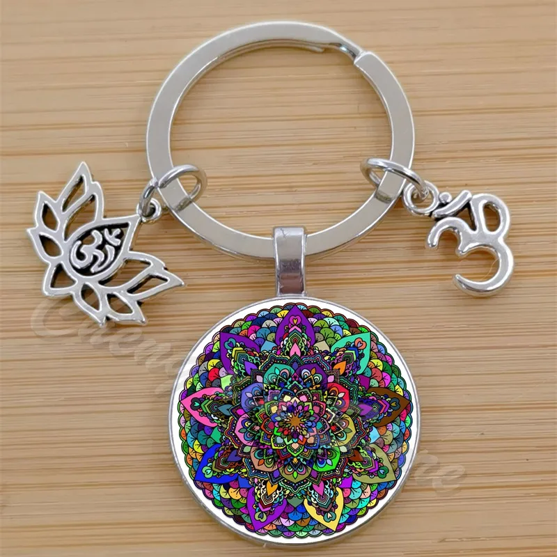 Fashionable and Colorful Abstract Mandala Art Pattern Circular Photo Glass Convex Round Keychain Jewelry