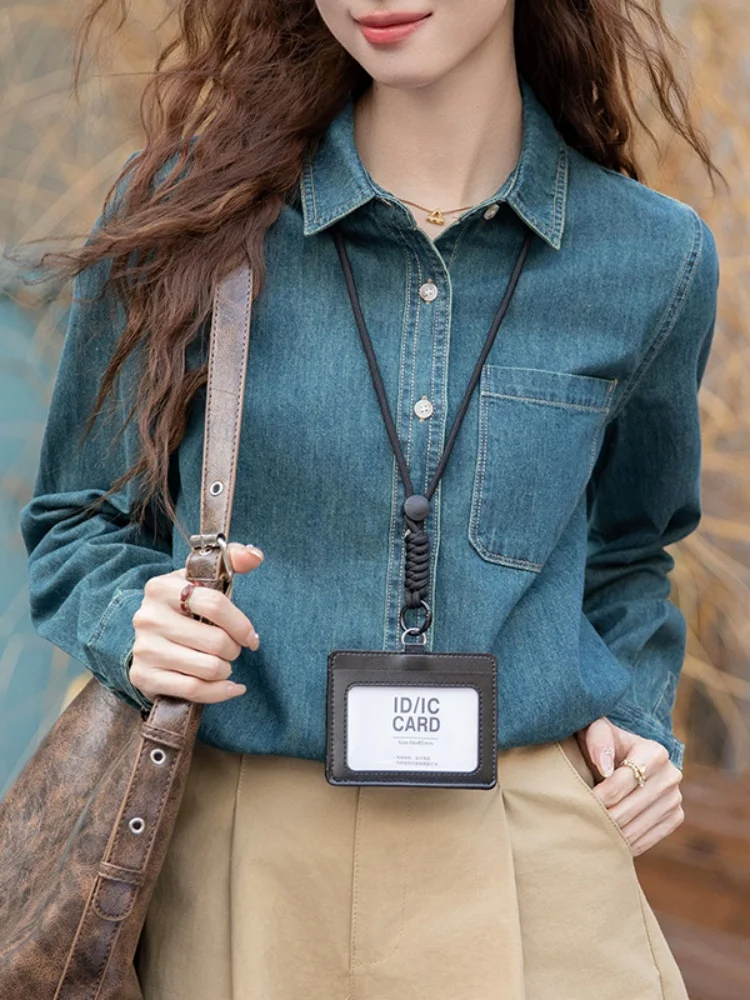 

Light Blue Retro Soft Denim irt Women's Spring Faion Inner Wear Layering Small Size Hong Kong Sle irt oulder Level ...