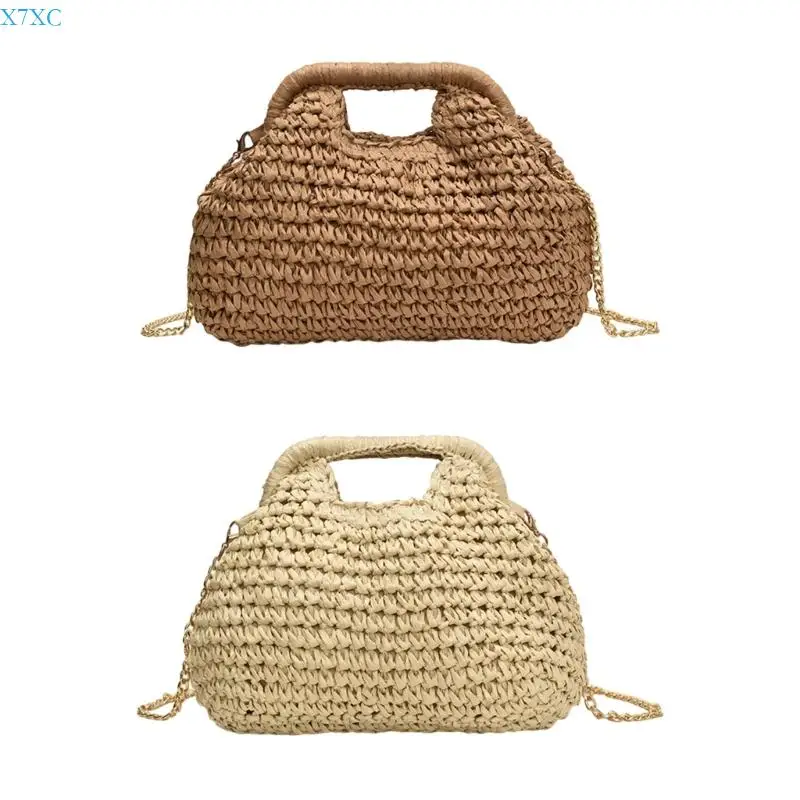 

X7XC Breathable Crossbody Bag Straw Bags with Chain Strap Closure Shoulder Purse