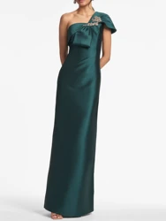 Green Satin One-Shoulder Evening Gowns With Bow & Crystal Elegant Backless Sleeveless Back Slit Bridesmaid Dress Party Dresses