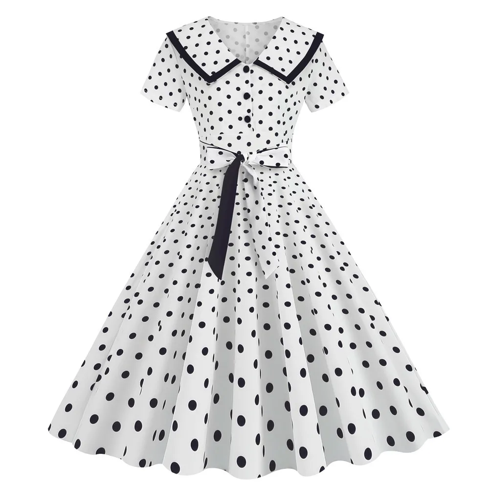 Black Polka Dot Summer Dresses for Women 2024 Robe Vintage 50s 60s Turn-Down Collar Short Sleeve Casual Rockabilly Dress Swing