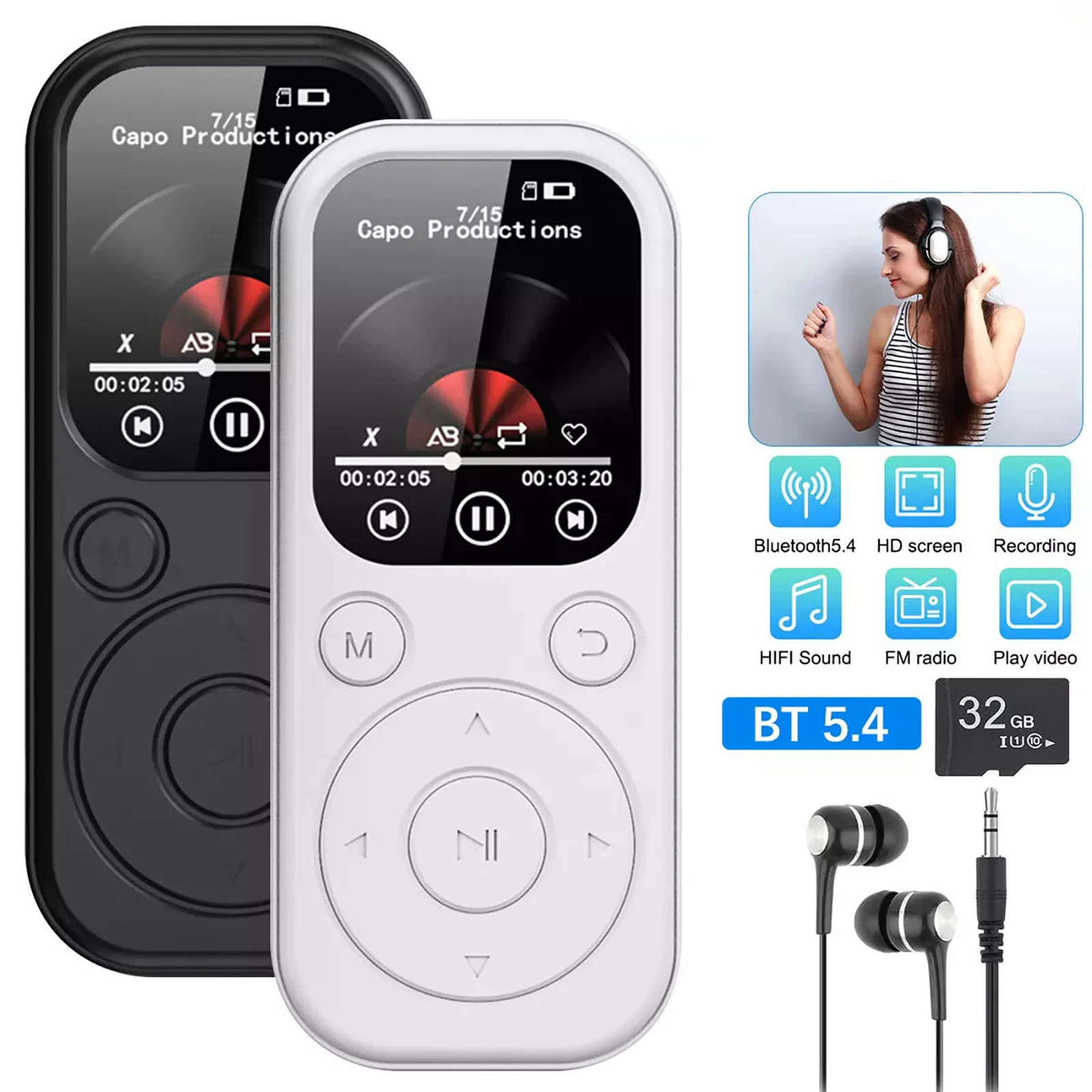 

1.8'' IPS Bluetooth 5.4 MP3 Player 12H Playback Hi-Fi Sound Supports 128GB TF Card Type-C FM Radio E-Book Digital Music Player