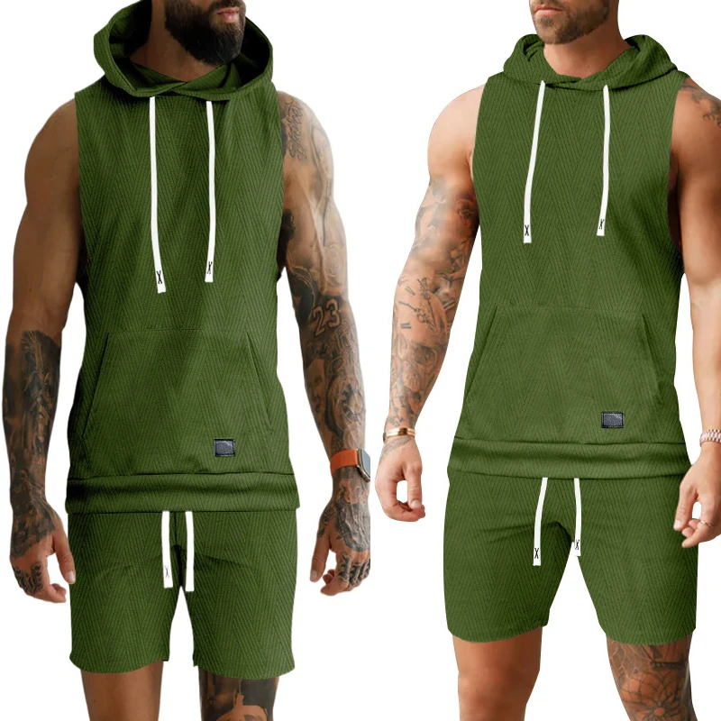 

2025 Solid Color Jacquard Knitted Hooded Sleeveless Casual 2-Piece Vest Shorts Set for Men