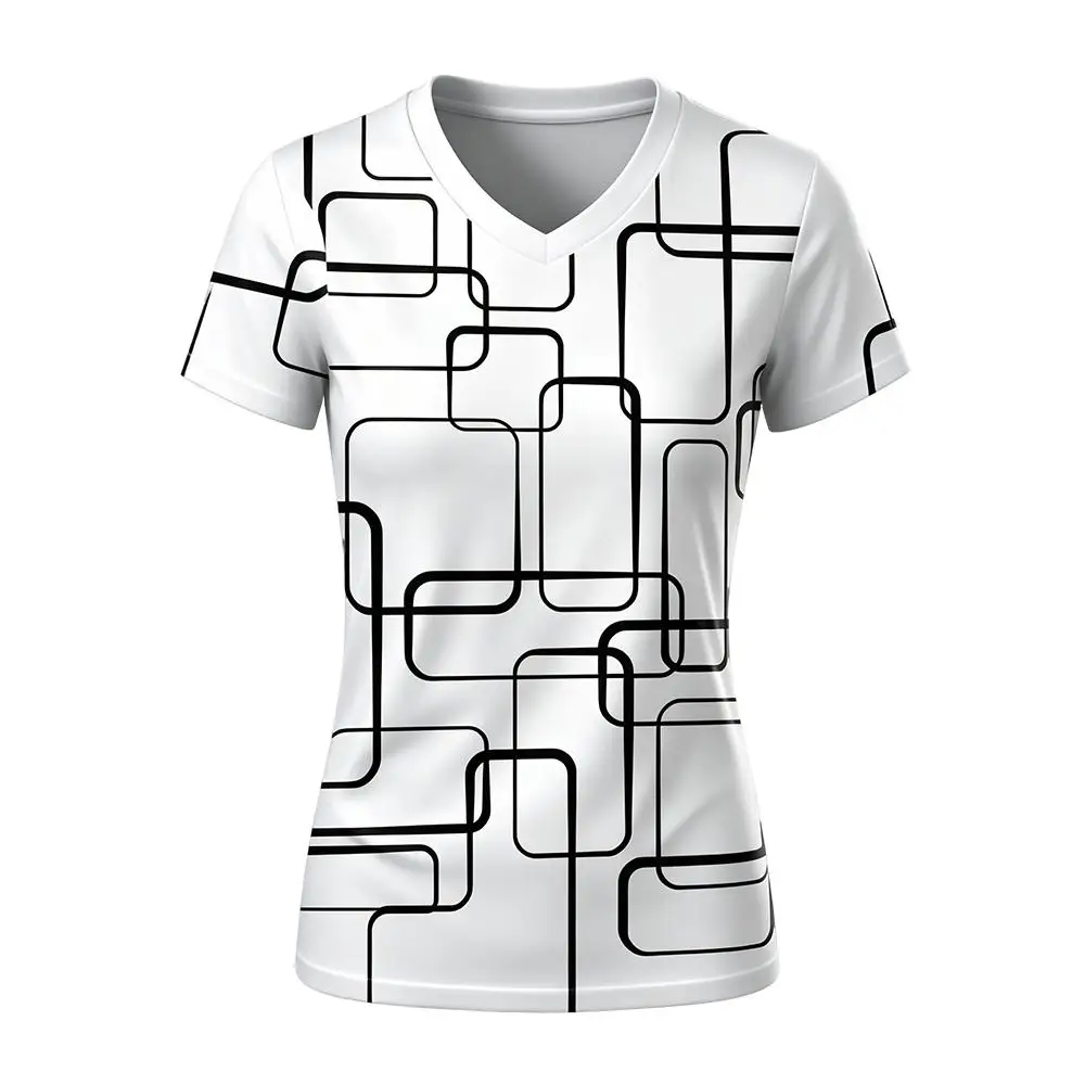 Summer Women V‑Neck T-shirt Abstract Block Color Line Drawing Print Short Sleeve Ladies Casual Streetwear Daily Slim Fit Tops
