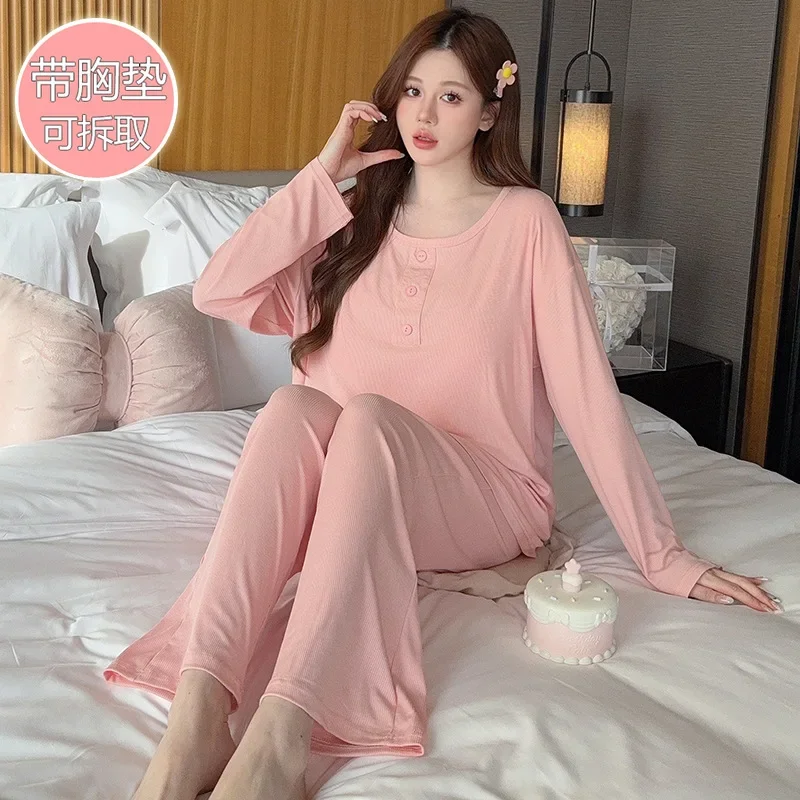 M-5XL Plus Size Modal Cozy Pajamas for Women Chest Pads Spring Loungewear Large Size Long-sleeved Loose Homesuit Outside Wear