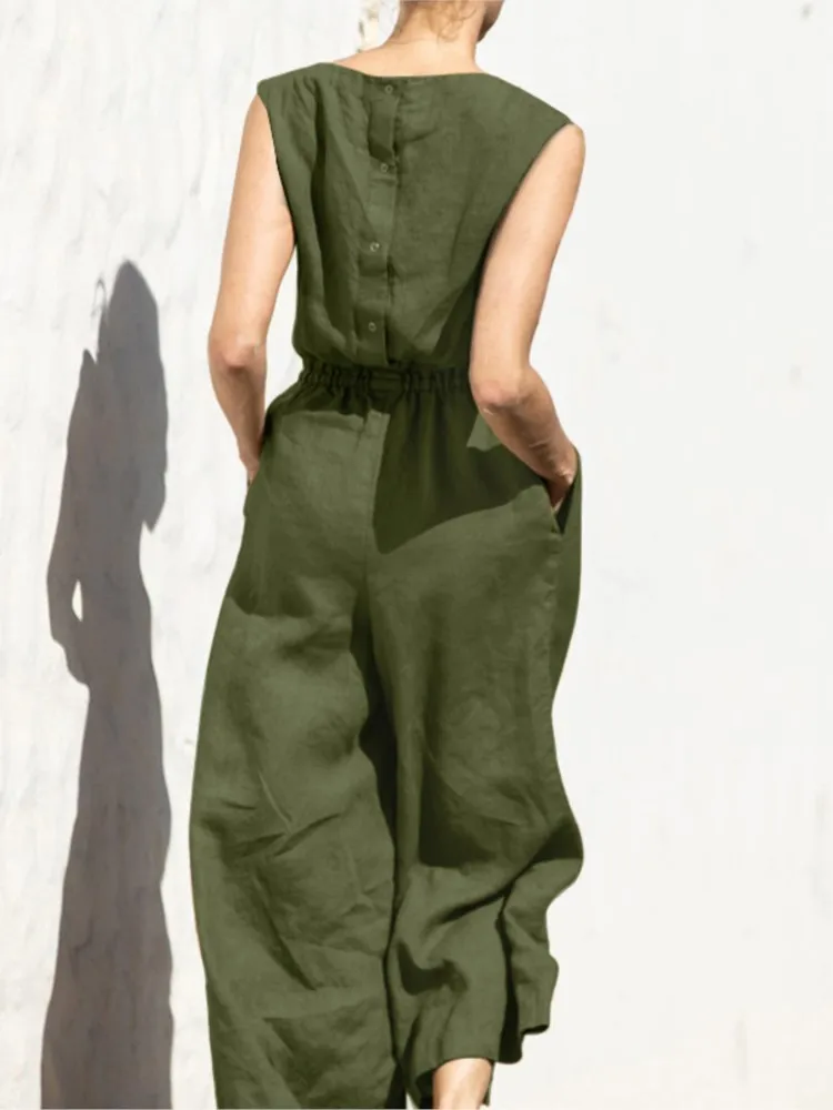 Summer Cotton green Jumpsuits Rompers For Women Casual Loose Elastic Waist Wide Leg Playsuit Short Sleeveless Overall Female