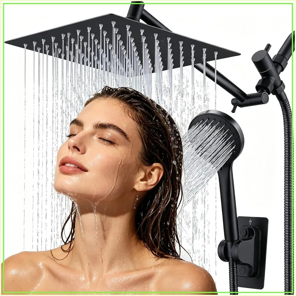 10-Inch High-Pressure Rainfall Shower Head Combo with 11-Inch Adjustable Extension Arm, 5-Mode Handheld Spray, Matte Black, for Low Water Pressure