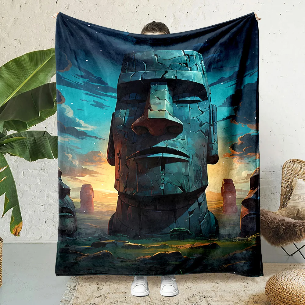 Cozy Moai Statue Print Flannel Throw Blanket - Soft, Reversible, All-Season Comfort for Couch, Bed, Office, and Travel - Unique