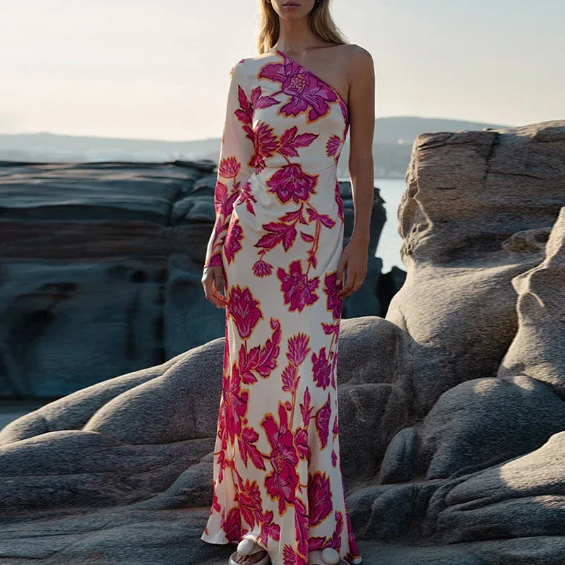 Fashion Floral Printed Holiday Party Dress Women Elegant High Waist Long Dress Sexy One Shoulder Long Sleeve Bohemian Dress