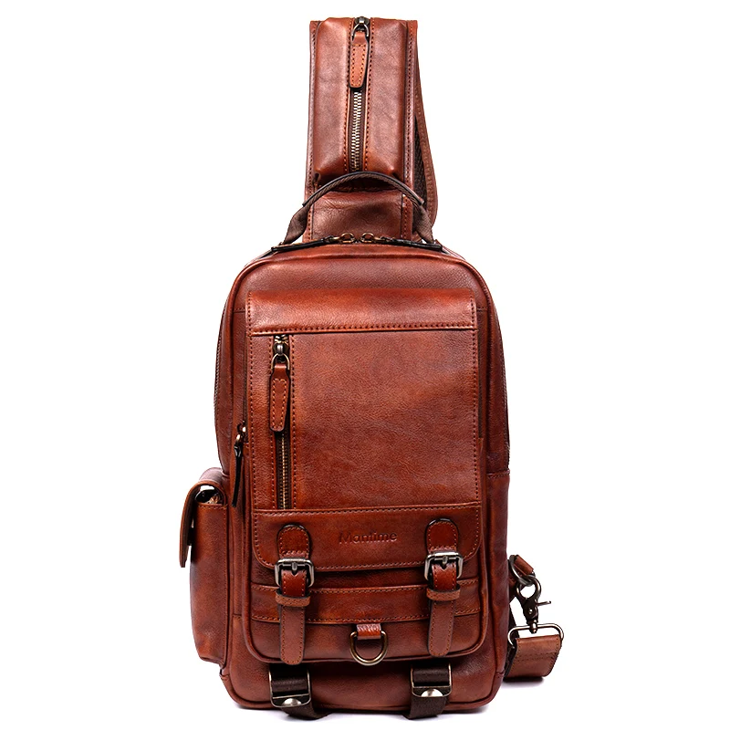 Hand-tanned leather chest bag casual retro messenger bag leather shoulder bag for men and women