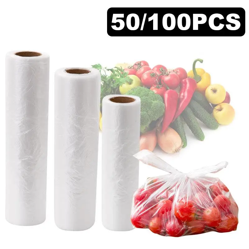 50/100PCS Transparent Roll Fresh-keeping Plastic Bags Of Vacuum Food Saver Bag 3 Sizes Portable Food Storage Bags With Handle