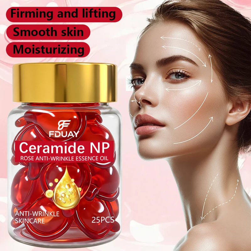 Ceramide NP Rose Face Oil Capsules, Anti-Wrinkle Serum, Moisturizing and Repairing Barrier for Nourished Skin,