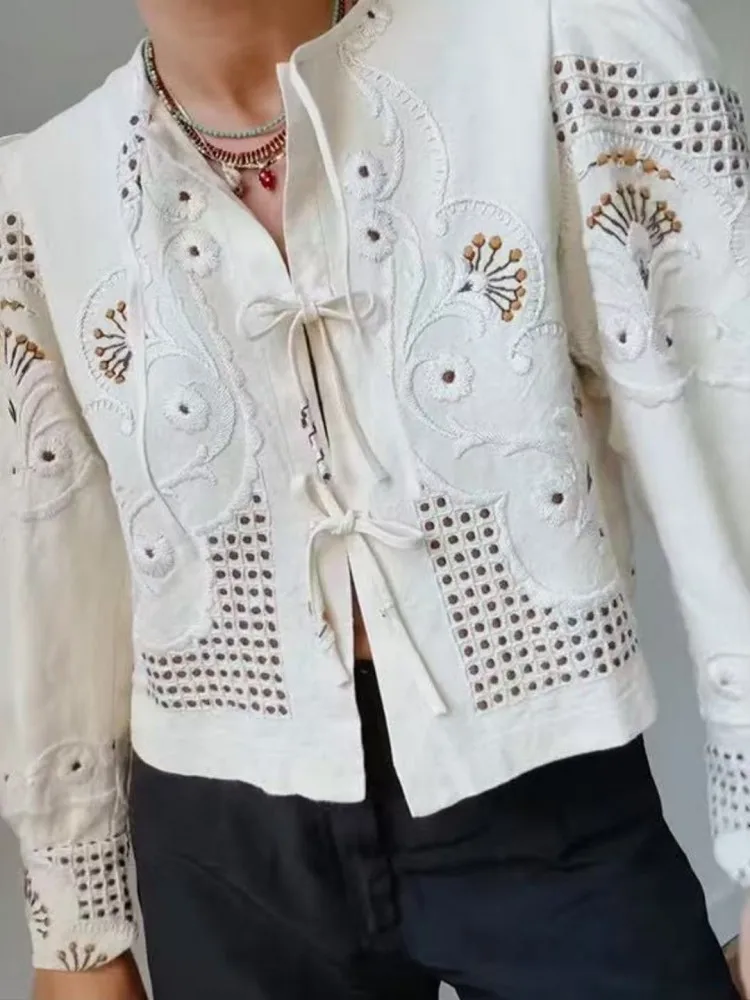 Female O Neck French Retro Style Embroidered Jacquard Jacket Long Sleeves Thin Cardigan Coat Leisure Womens Cotton Outerwear