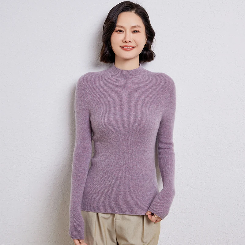 Autumn/Winter First-line ready to wear Sweater Women's Clothing 100% Wool Half high collar Knitted Pullover Slim Fit Base Tops