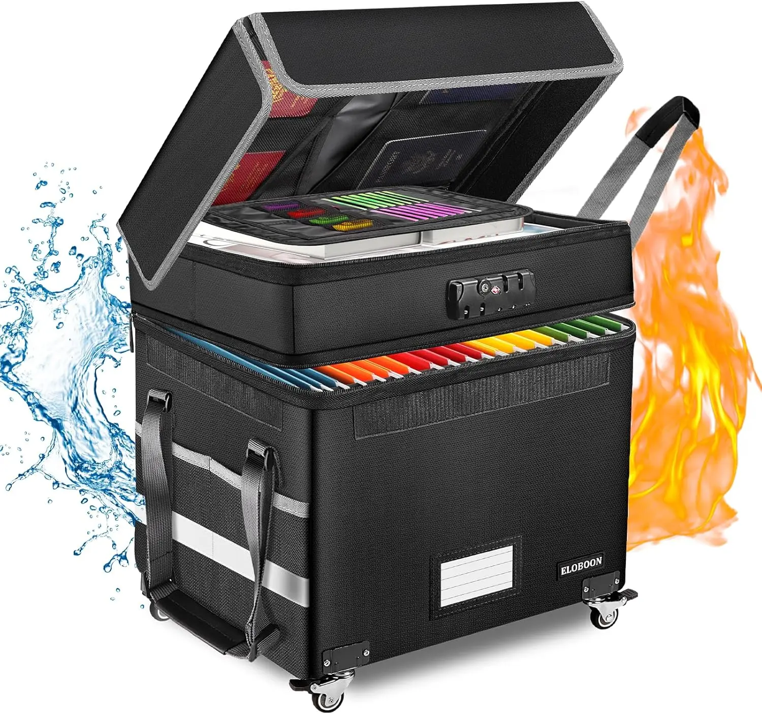 

Fireproof Document Box with Lock & Wheels, Collapsible Storage for Home Office, Black