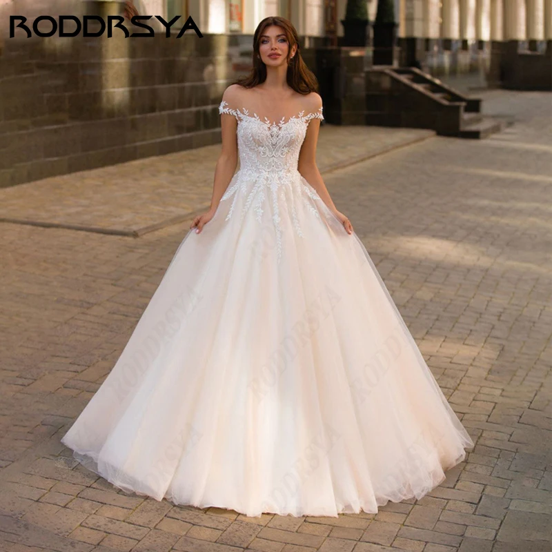 RODDRSYA vestido De novia De princesa, elegante vestido De novia De manga casquillo, cuello redondo, ilusión romántica De tul, botón trasero, fiesta De noviavestido De novia De princesa, elegante vestido De novia De ma