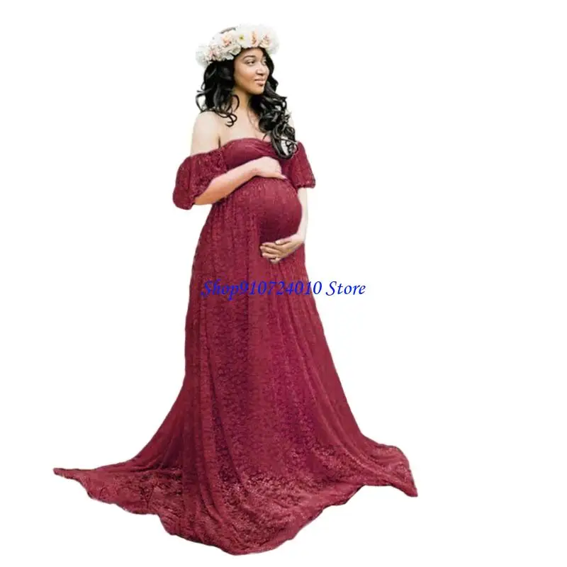 77HD Stretchy Acrylic Lace Maternity Long Dress Suitable for Various Occasion From Early to Late Pregnancy Feature Train
