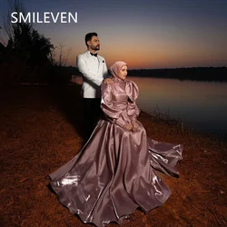 Smileven Pink A-line Shiny Prom Dresses Modest Long Sleeves Party Evening Dress Luxury Saudi Arabia Customized 2025