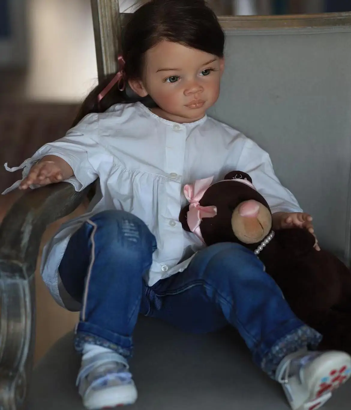 FBBD Customized Limited Supply 32inch Reborn Baby Doll Meili With Hand-Rooted Long Brown Hiar Already Finished Doll Christmas
