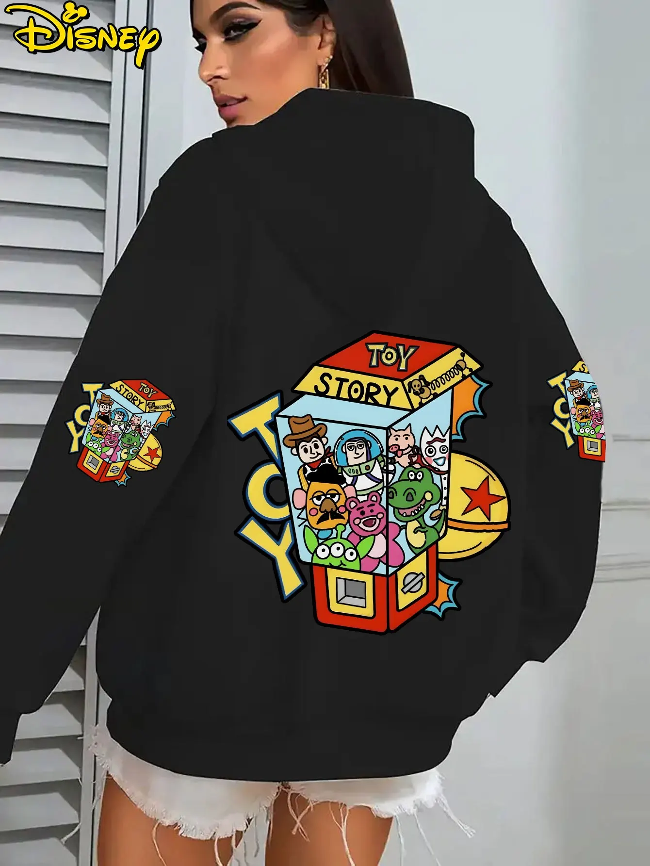 Felpa con cappuccio da donna stampata con cartoni animati Disney Toy Story e felpa con cappuccio casual a maniche lunghe alla moda