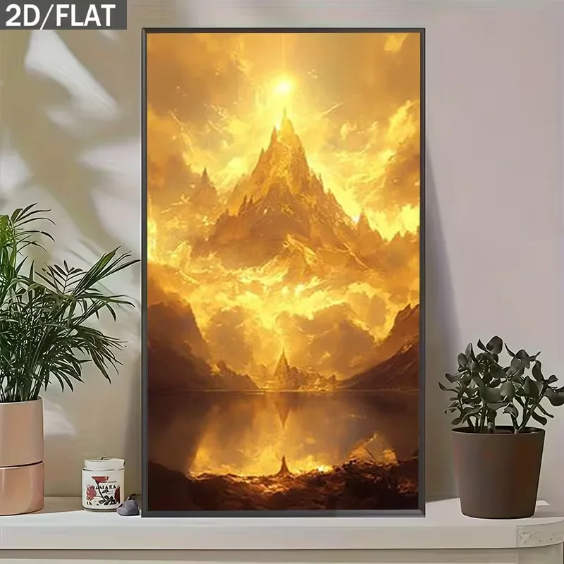 Multiple sizes 1pc frameless Large size Canvas Painting,2D Flat, [2D Flat] Wall Decor 1pc Majestic Golden Mountain Peaks Reflect