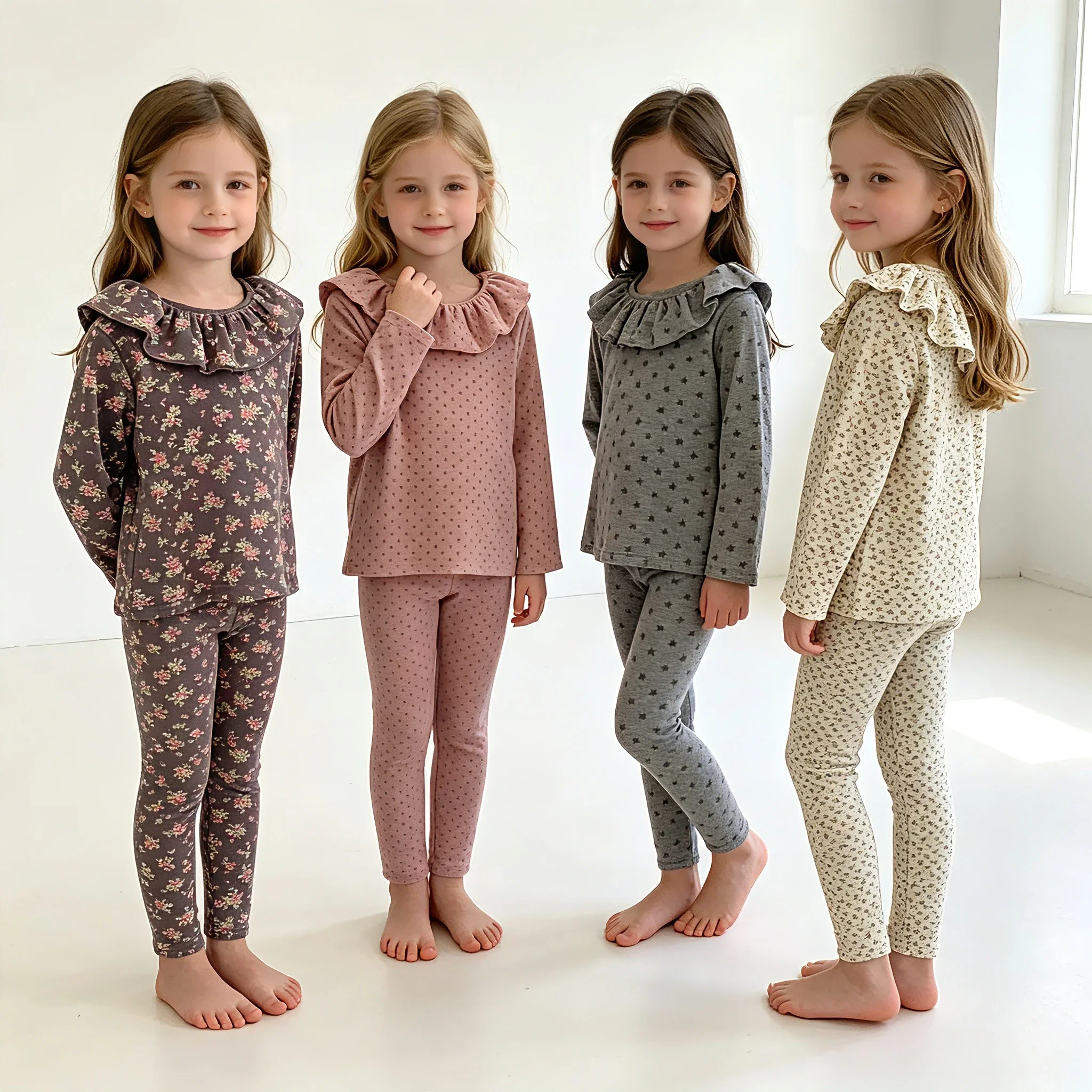 Girls 2-Piece Outfit Set Ruffle Collar Long Sleeve Top Printed Leggings with Elastic Waist Kids Casual Spring Fall Clothing 1-9Y