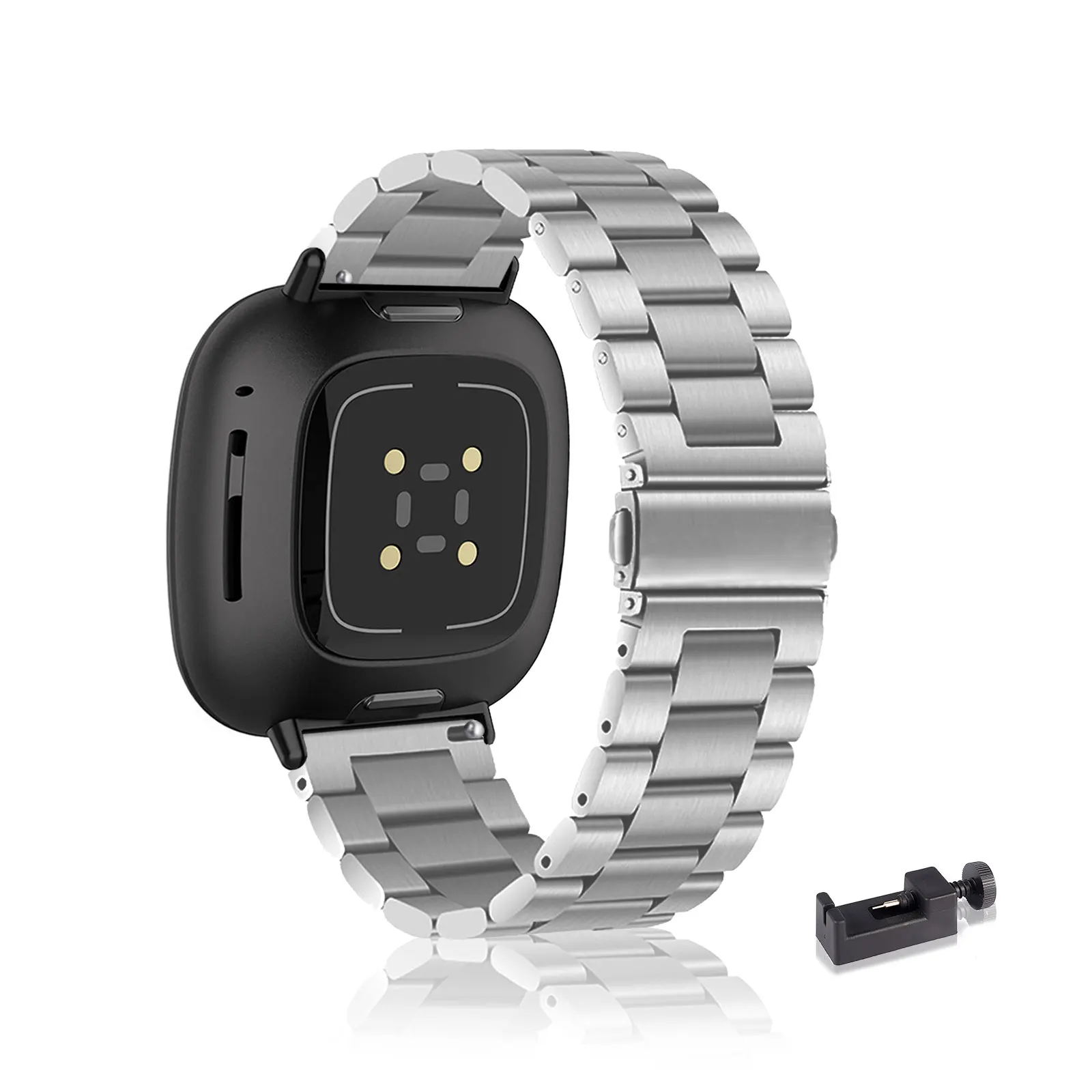 

Stainless Steel Bands for Fitbit Versa 4/Versa 3/Sense/Sense 2 Band, Three Columns Metal Replacement Strap