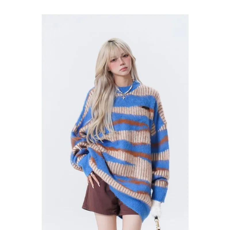 

Women's Loose Striped Sweater Autumn and Winter Lazy Mid-length Sweater Top
