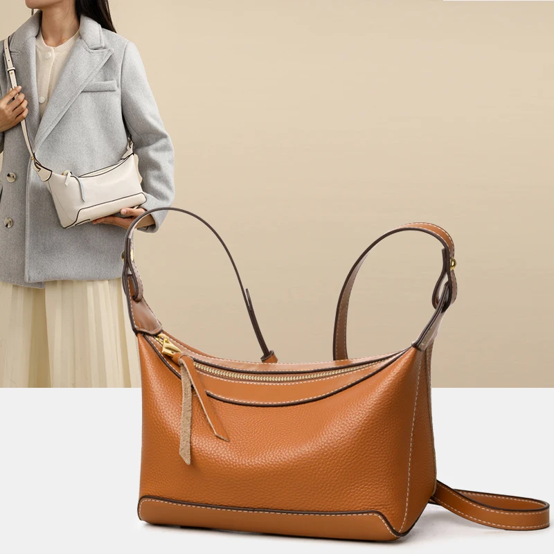 

100% Genuine Leather Retro Minimalist Design Shoulder Bag For Women Luxury Brand Crossbody Bags Fashion Solid Color Lady Handbag