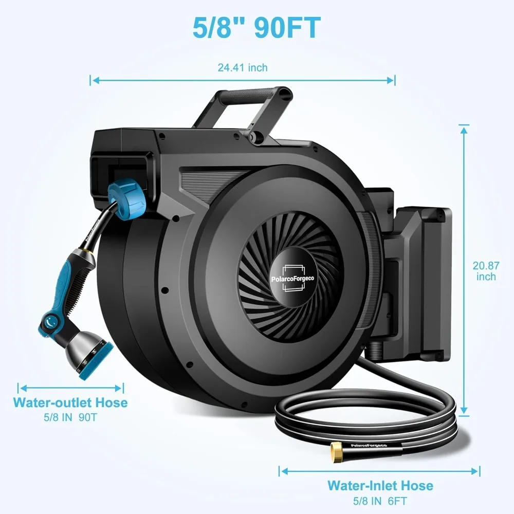 Retractable Garden Hose Reel - 5/8 inch x 90 ft Wall Mounted Hose Reel with 10 Pattern Nozzle & Any Length Lock, Heavy Duty